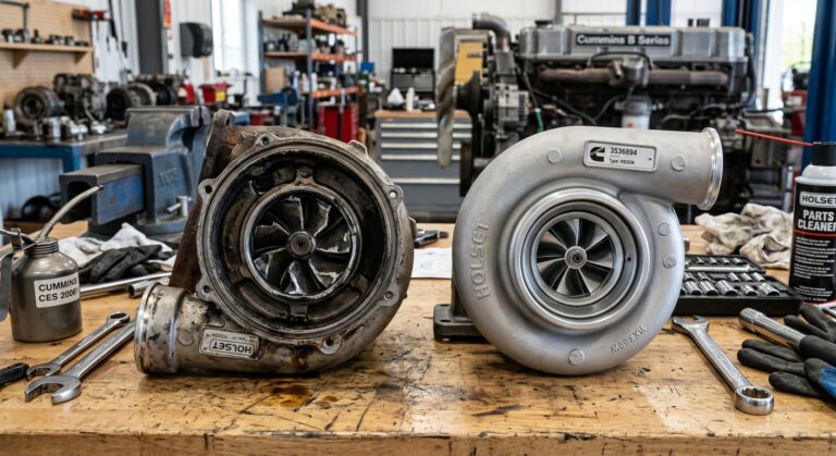 Turbosprężarka Cummins Holset — widok wirnika sprężarki i wlotu powietrza